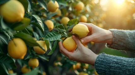 Wall Mural - Lemon Harvest: A shot of hands reaching up to pick a ripe lemon from a tree.