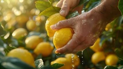 Wall Mural - Lemon Harvest: A shot of hands reaching up to pick a ripe lemon from a tree.