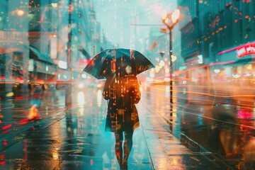 Wall Mural - Young woman with umbrella walking in rainy day. City street in evening overcast weather. Double exposure effect with glitchy elements