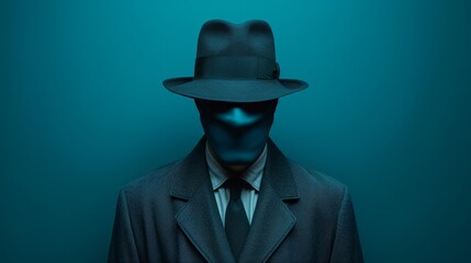 Wall Mural - A man in a black suit and hat is standing in front of a blue background