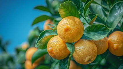 Wall Mural - Lemon Tree with Blue Sky: A shot of a lemon tree filled with ripe lemons, set against a clear blue sky.