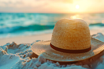 Wall Mural - radise beach with a summer hat in the sandy sunshine