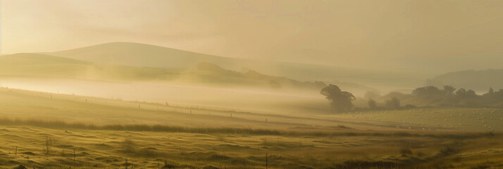 Misty morning in a rural countryside with distant hills and fields