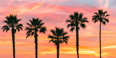 Wall Mural - Silhouetted palm trees against vibrant orange and pink sunset sky