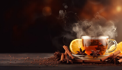 Wall Mural - Hot mulled wine or tea on black background