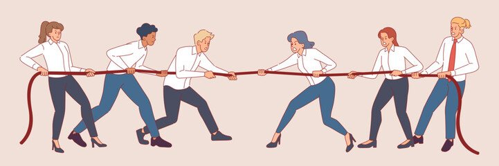 Business people tug of war. Opposing office teams, men, women in formal clothes pull rope, competitive fight, confrontation or teamwork game, cartoon flat style isolated vector concept