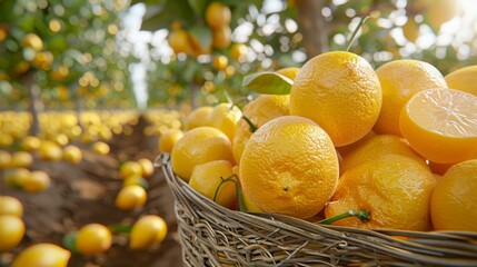 Wall Mural - Lemons in Rustic Basket: A lemon tree with a rustic basket of freshly picked lemons placed at the base. Harvest season.