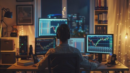 Aufkleber - A person sits in a dark room at night, working at a desk with multiple computer monitors showing stock charts.