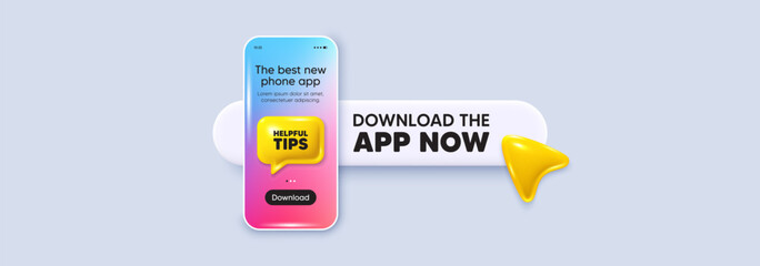 Poster - Download the app now. Phone mockup screen. Helpful tips tag. Education faq sign. Help assistance symbol. Phone download app search bar. Helpful tips text message. Vector