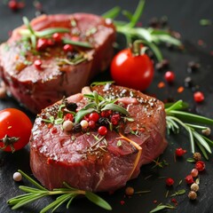 Wall Mural - Raw meat for steak present with olive oil tomato, onion and herbs