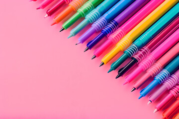 Poster - Multicolored felt tip pens on pink background for back to school flat lay with empty space