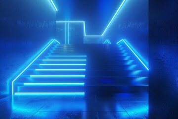 Poster - An abstract blue neon background, glowing vertical lines, illuminated stairs, a fashion podium, a performance stage, and an abstract blue neon background in 3D