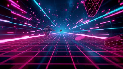 Poster - an abstract neon light background uses 3d technology. an empty space scene features a spotlight, a d