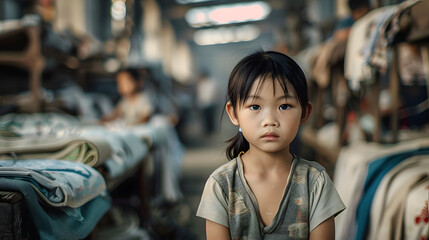 Wall Mural - Small Asian girl portrait with blurred textile factory background, Illegal child labour in sweatshop manufacturing concept, documentary style. 