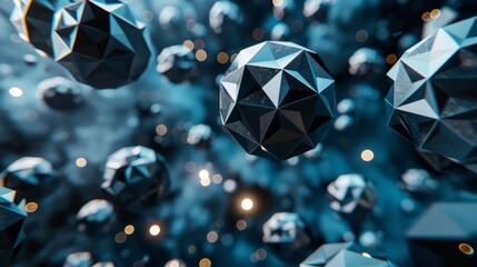 Poster - 3D rendering of low poly chaotic particles. Flying polygonal spheres in empty space. Poster design with bokeh effect.