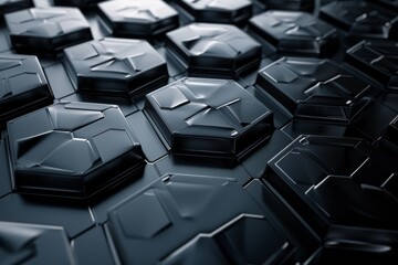 Poster - A futuristic surface rendered in 3D with hexagonal shapes. Contemporary sci-fi background with bokeh effect. A poster design with geometric elements.
