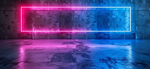 Poster - In a dark empy grunge concrete corridor with glowing purple pink blue lights, the background is illuminated by sci fi neons and futuristic retro alien lighting.