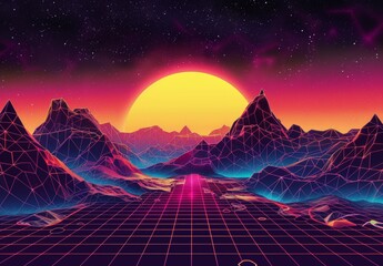 Poster - retro sci-fi purple and pink background with sunset behind black and gray mountains. future illustra