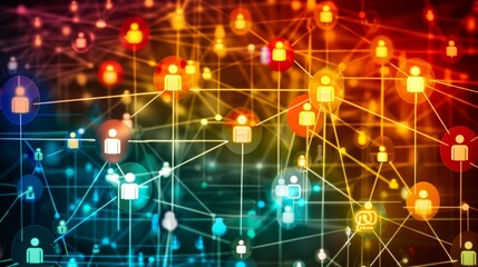 Poster - An abstract image of a network of connected people, represented by icons, with lines connecting them. The background is a colorful gradient of red, orange, yellow, green, and blue.