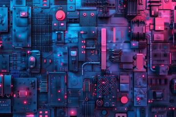 Poster - A realistic 3-D illustration of a robot or purple cyber armor. Close-up images of equipment for mining crypto-bitcoin and ether. Video cards and motherboards.