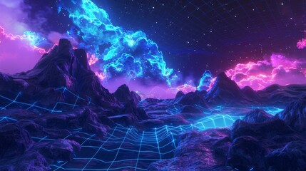 Wall Mural - Psychedelic flythrough over trippy landscape background. High quality 3D illustration with mountains, grid, balls.