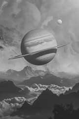 Canvas Print - A surreal landscape with rings in the sky, a planet with rings in the sky