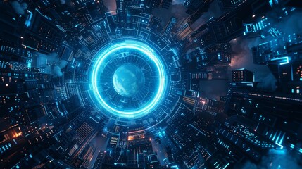 Poster - 3D rendering of a science fiction circle circuit hud on a blue background with dotted data and microchips.