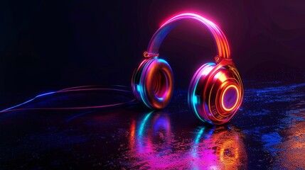 Poster - cover album of neon glowing headphones playing electro house music