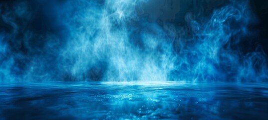 Poster - Technology background with an empty dark blue cement floor, smoke floating up the ceiling texture of a studio room, spotlights, laser lights, and concept of the future of technology.