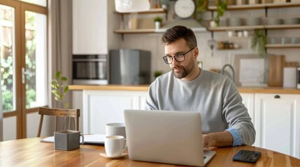 Poster - A man sits at a table in his home office, working on a laptop computer