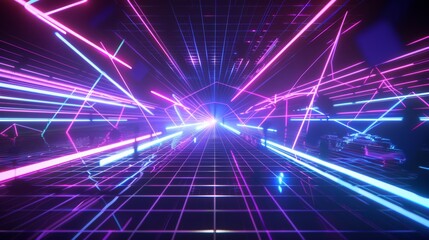 Poster - An abstract neon light background, a space scene, a spotlight, darkness, virtual reality, a cyber futuristic sci-fi background, for mock-ups. Colors of geometric shapes.