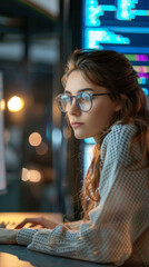 Poster - A young woman in glasses stares at a computer screen late at night, with a blue line background hinting at her involvement in coding or tech