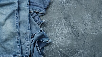 Poster - Stack of ripped blue jeans on gray textured background for hipster fashion with copy space