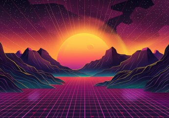 Sticker - This poster template is abstract sci-fi style with purple and pink background with sunset behind black and gray mountains. The illustration is futuristic, with a synthwave sound backdrop.