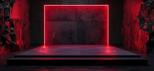 Wall Mural - The 3D rendering of Sci Fi Futuristic Alien Concrete Dark Grunge Stage Podium Glowing Red Orange Light Virtual Underground Club Garage Product Showcase Background features