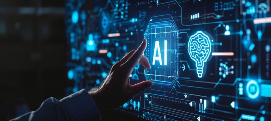 Poster - Robotic hand touching modern interface and AI word (Stock), New era of innovation based on machine learning and stock.