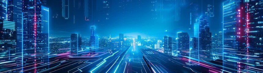 Poster - 3D rendering of futuristic virtual sci-fi city. Several sky scrappers buildings tower up. Ultrawide angle view. Concept for night life, business vision, cyberpunk, technology background.