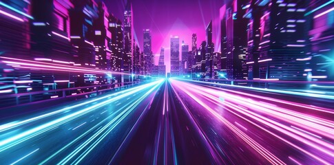 Poster - CG rendering of a futuristic cyberpunk city with blue and pink light trails. Concept sci fi downtown with skyscrapers, highways, and billboards at night.