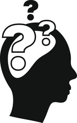 Poster - black and white silhouette of head with question marks, representing a person thinking and searching