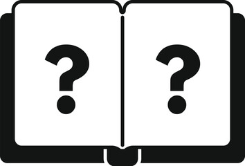 Poster - black and white icon of an open book with question marks, representing the concept of searching for 