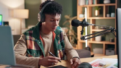 Poster - Podcast, man and headphones with microphone in office, content creator and technology for connection. Home studio, male presenter and broadcast for storytelling, narrative fiction and audio equipment