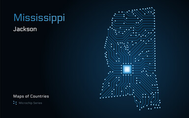 Wall Mural - Mississippi Map with a capital of Jackson Shown in a Microchip Pattern.  E-government. United States vector maps. Microchip Series	
