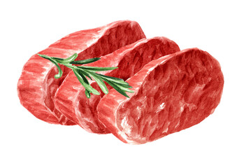 Sticker - fresh raw beef steak, food concept. hand drawn watercolor illustration isolated on white background