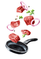 Diced raw red beef meat is tossed in a frying pand. Cooking food concept. Hand drawn watercolor illustration isolated on white background