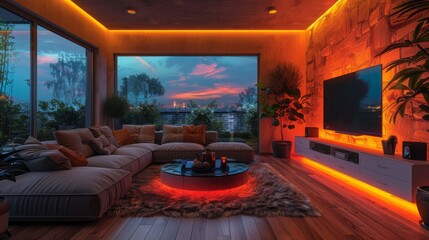 Wall Mural - A cozy basement oasis illuminated by adjustable LED strips, furnished with a plush sofa and a widescreen TV for ultimate