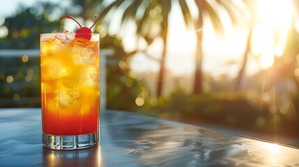 The Tequila sunrise cocktail, showcasing its vibrant orange and red hues with cherry garnish in a highball glass on a sleek table near palm trees under bright sunlight. essence of summer at park.