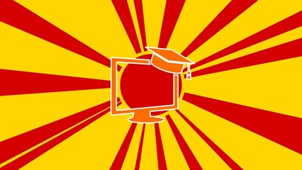 Poster - Distance learning symbol on the background of animation from moving rays of the sun. Large orange symbol increases slightly. Seamless looped 4k animation on yellow background