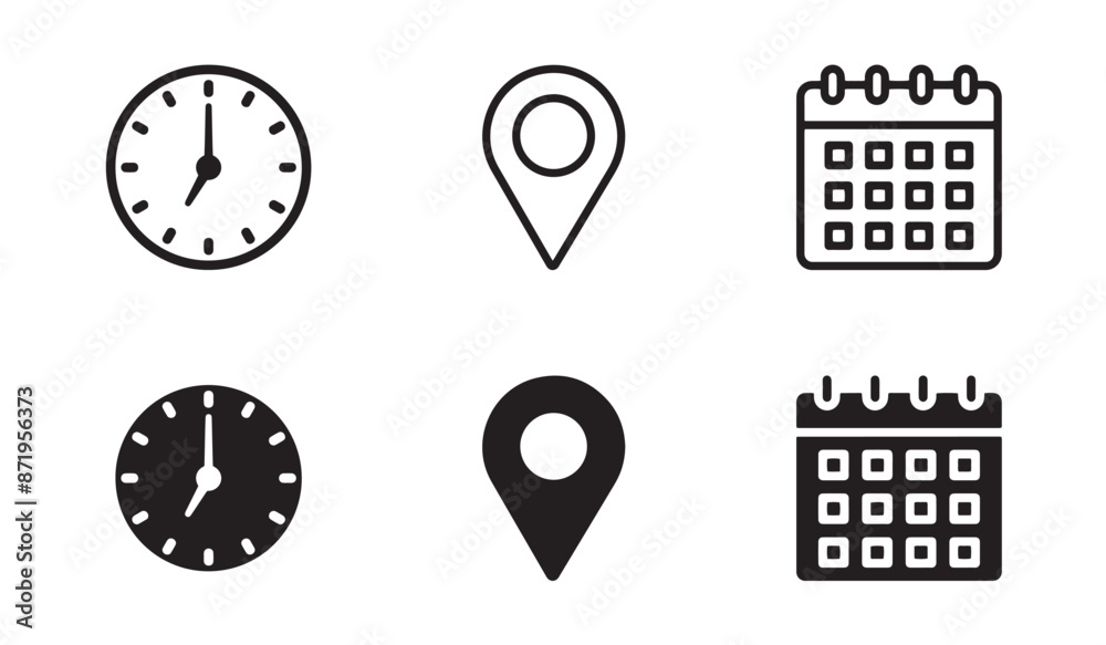 Address. time, and date icon vector. Stopwatch timer icon. Clock, pin ...