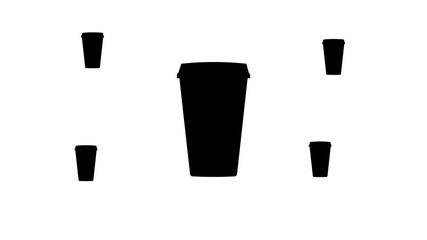 Poster - Zoom in and out animation the paper coffee cup symbol. Large black symbol in the center and four small symbols around. Seamless looped 4k animation on white background