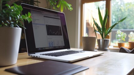 Aufkleber - A laptop computer sits open on a desk with a window view and several potted plants. The laptop screen shows a website with charts and graphs.